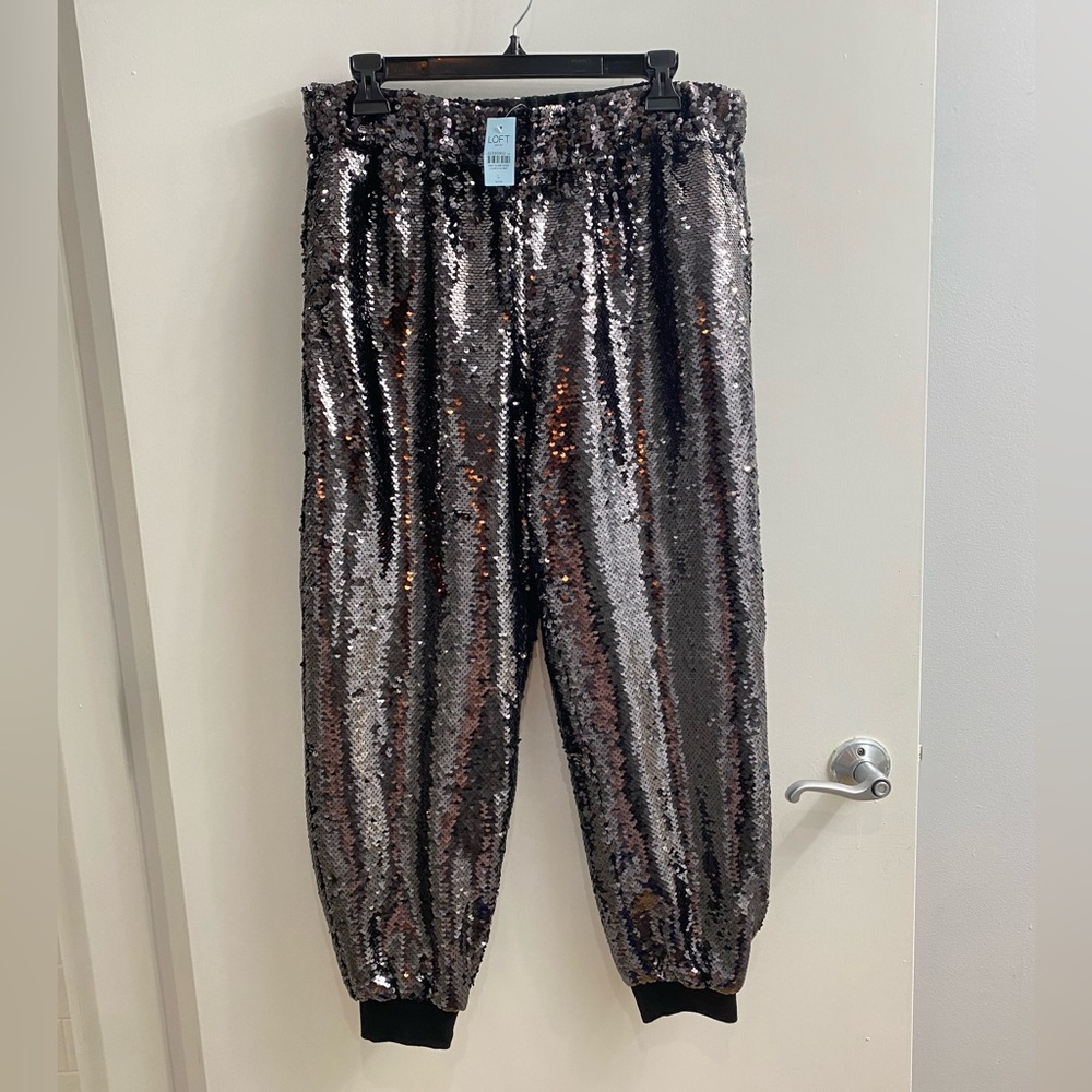 LOFT Silver Sequin Straight-Leg Pants